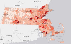 Boston University SRP grantees and collaborators developed a map, which shows cumulative confirmed COVID-19 cases in Massachusetts by city. The mapping tool can help decision-makers identify needs and best allocate resources. (Image courtesy of Boston University)