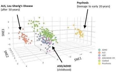 chart showing biomarkers in teeth are associated with specific health outcomes, including autism, attention-deficit-hyperactivity disorder, schizophrenia, and amyotrophic lateral sclerosis.