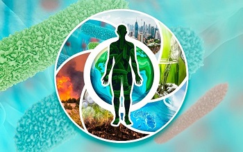 Graphic of a human in front of concentric circles showing exposures and a background of microorganisms