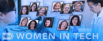 Image of NIH Women in Tech banner image, showing portrait photographs of 11 women