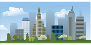 graphic of skyscrapers and trees