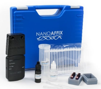 NanoAffix test kit with water sample vials, testing drops, and testing strips.