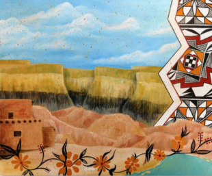 Painting with traditional adobo home, overlayed with the scenes of a desert