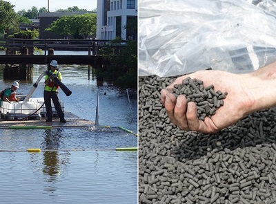Man funneling pellets into a water body next to a close-up of hand holding some pellets