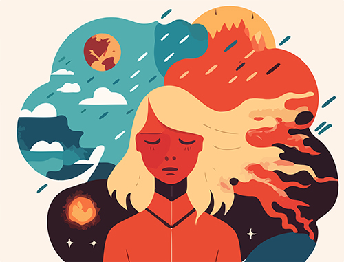 Woman in illustration with natural disasters, forest fires surrounding her