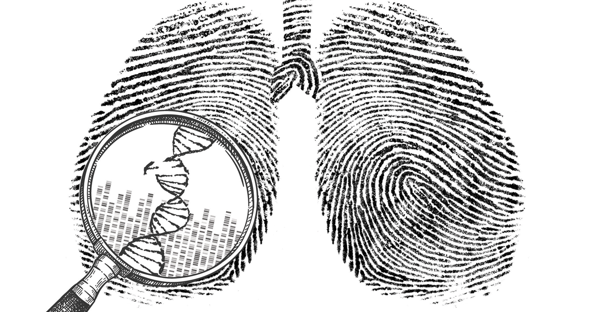 magnifying glass on lungs showing DNA helix