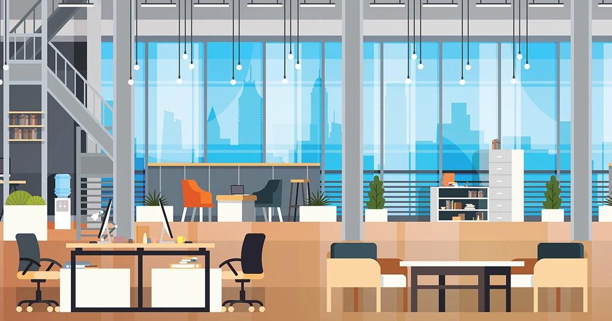 illustration of office building with desks and chairs