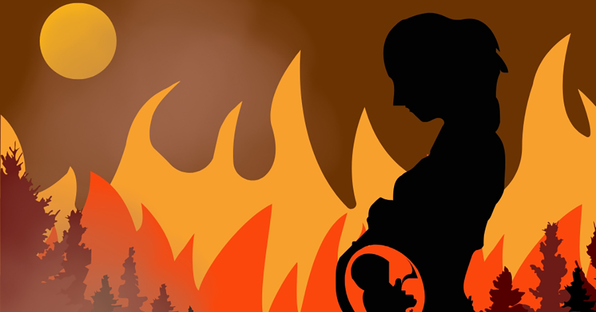 outline of woman holding pregnant belly amidst wildfire
