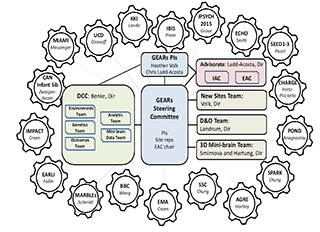 GEARs graphic representing the complexity of integrating 18 cohorts