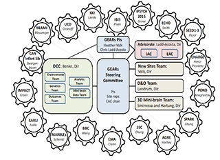 GEARs graphic representing the complexity of integrating 18 cohorts