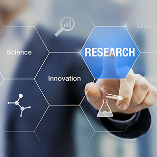 human hand with finger pressing research button
