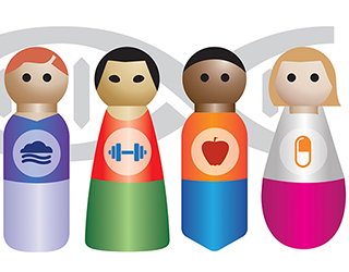 cartoon people displaying the wind, weights, an apple and a pill on top of a DNA helix