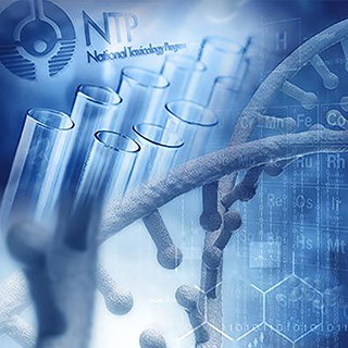 NTP Logo with test tubes, DNA strand, and periodic table in the background
