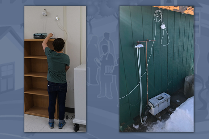 (Left) Student setting up air monitors in a classroom. (Right) Outdoor air monitoring set up at a school.