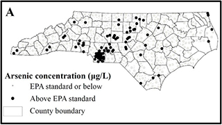 Map of private well water samples exceeding the EPA's drinking water standard for arsenic. (Image adapted from Sanders et al., 2012)