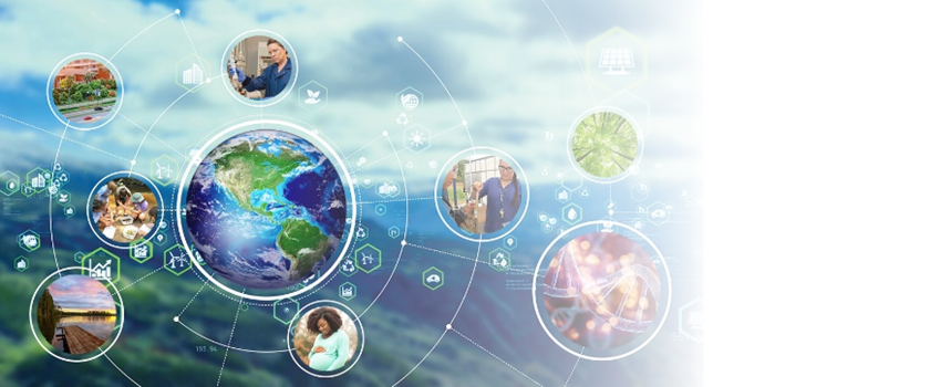 Earth surrounded by small images of scientists