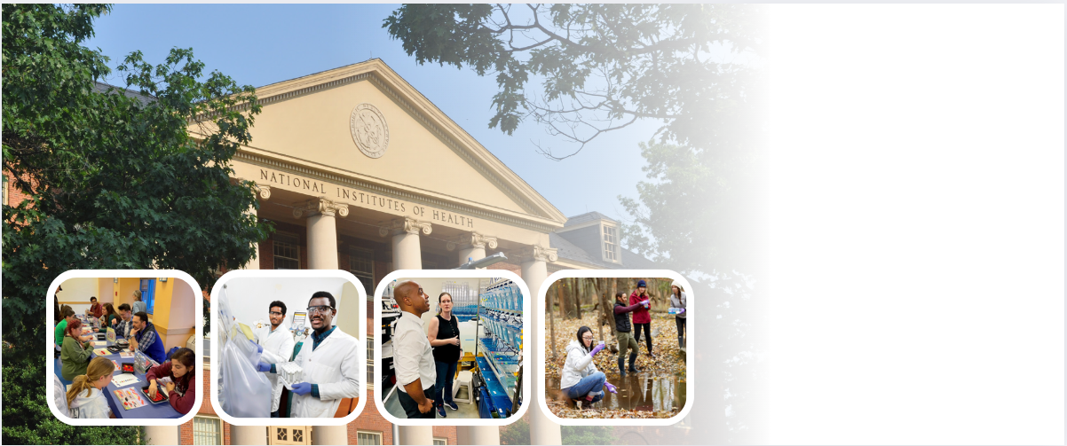 collage of health professionals overlaid on image of NIH building
