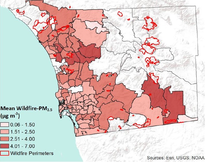 Mean wildfire - PM2.5 in Sand Diego County, CA