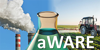 aWARE with a factory, farm, and lab beaker in the background