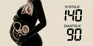 silhouette of a pregnant mother and blood pressure at 140 (systolic) over 90 (diastolic)