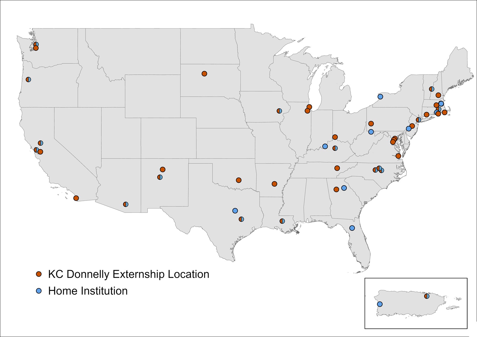 Map of USA with red and blue dots indicating locations of KCD externship locations and awardees' home institutions