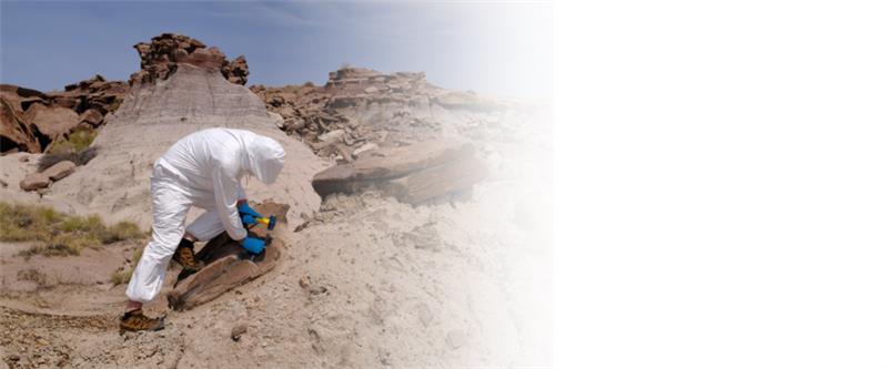 Person in hazmat suit out in desert