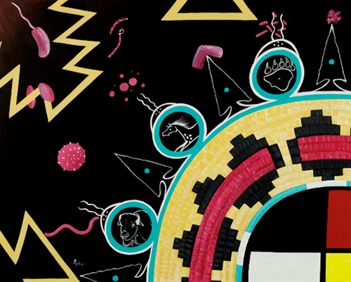 Artwork depicting an immune cell as a traditional Navajo basket
