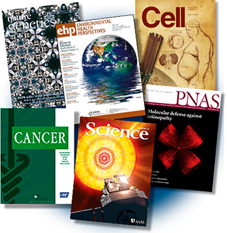 Covers of six research journals
