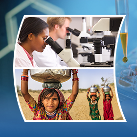scientist looking in microscopes and young girls carrying water pots on their heads