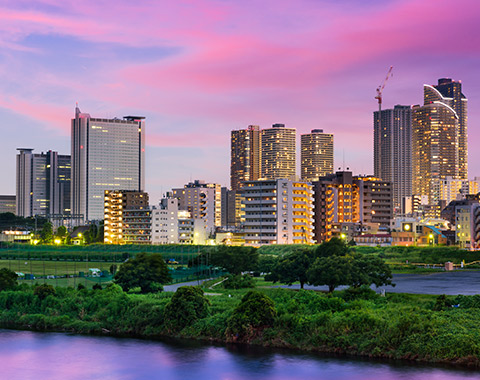 Kawasaki, Japan skyline on the Tamagawa River