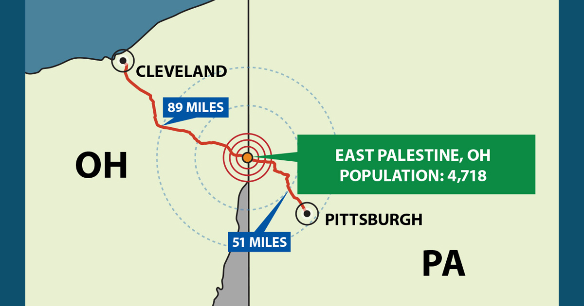 Map of the Feb.3train derailment site in East Palestine，Ohio。