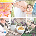 Bacteria; Child holding pregnant mother's belly; data on a map; female scientist using microscope; herbs; riding bike