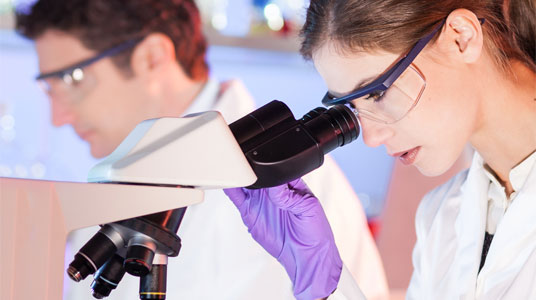 two scientists, one looking through a microscope