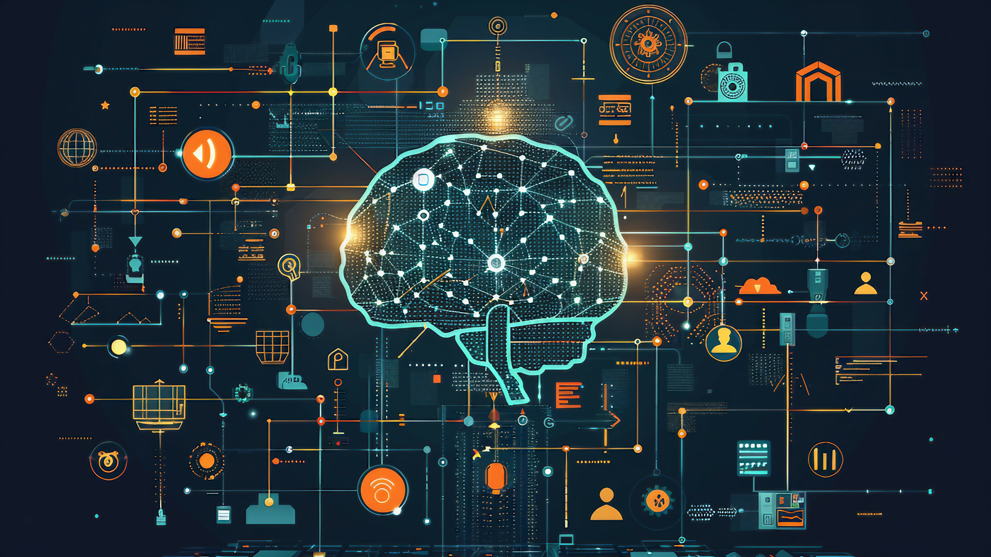 Graphic of a brain with neural pathways highlighted and lines shooting out to other computer graphics