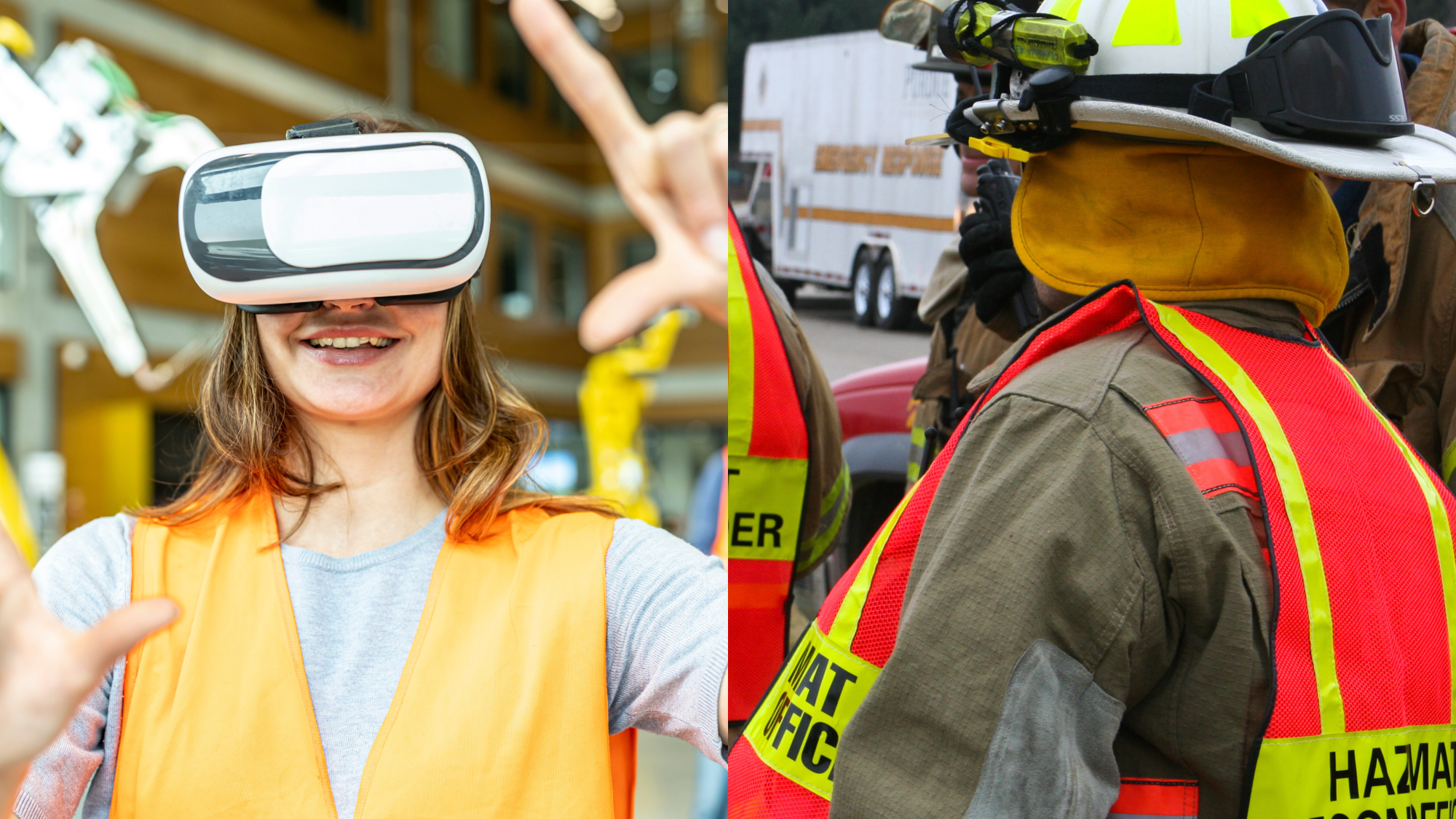 A trainee with a VR headseat on and a worker with PPE on