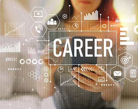 woman interacting with a digital display that reads "career"