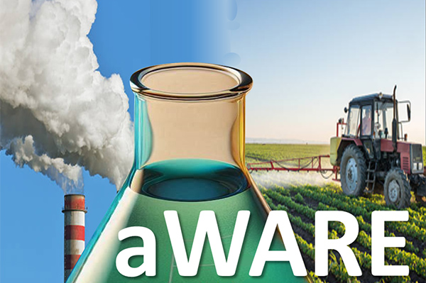 aWARE with a factory, farm, and lab beaker in the background