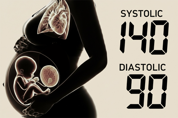 silhouette of a pregnant mother and blood pressure at 140 (systolic) over 90 (diastolic)