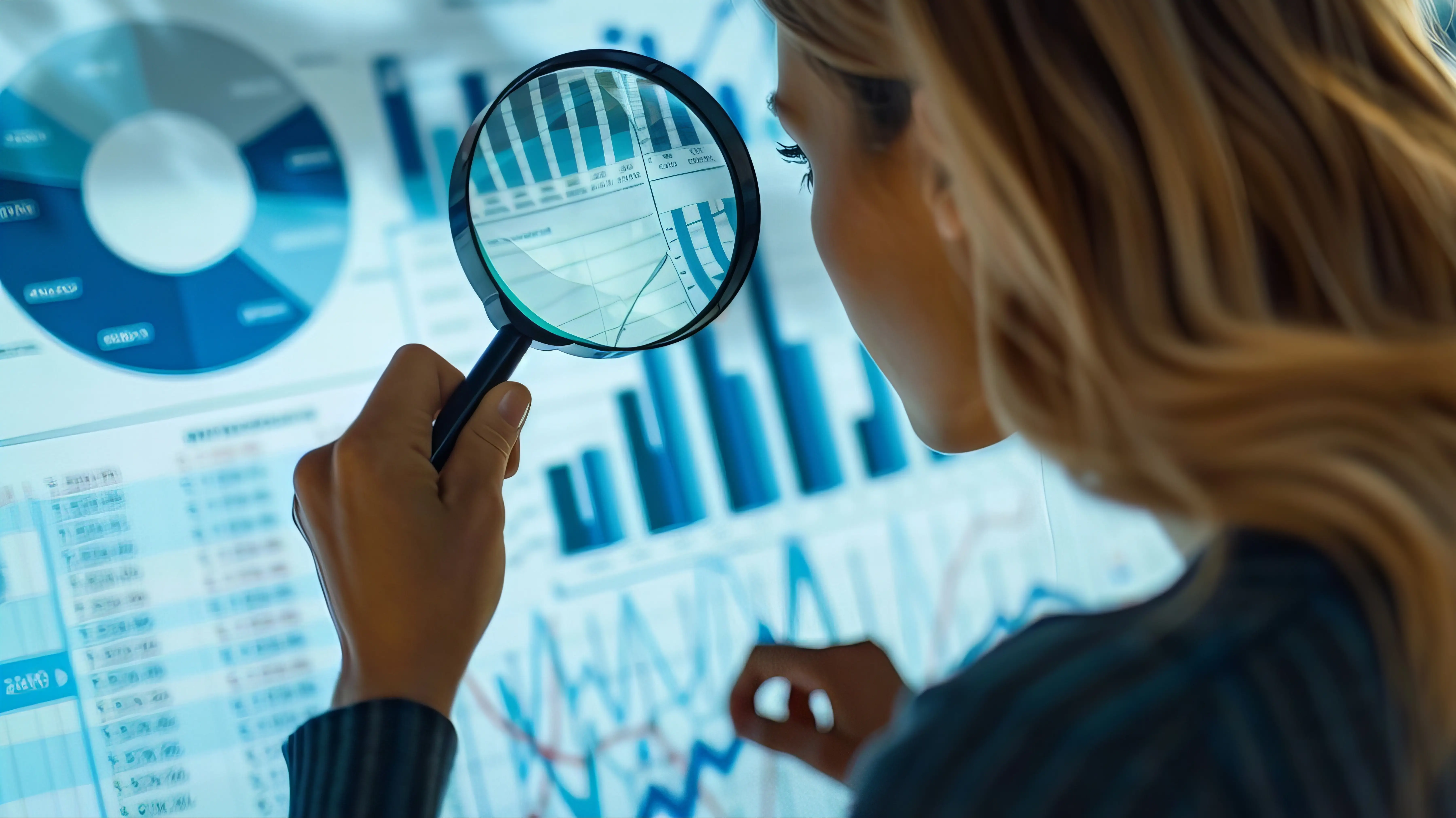 Woman with magnifying glass looking at graphs