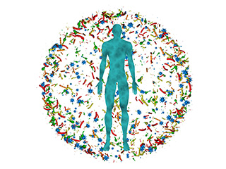 Male body,man surrounded by microbiome spherical cloud of bacteria, viruses, microbes.