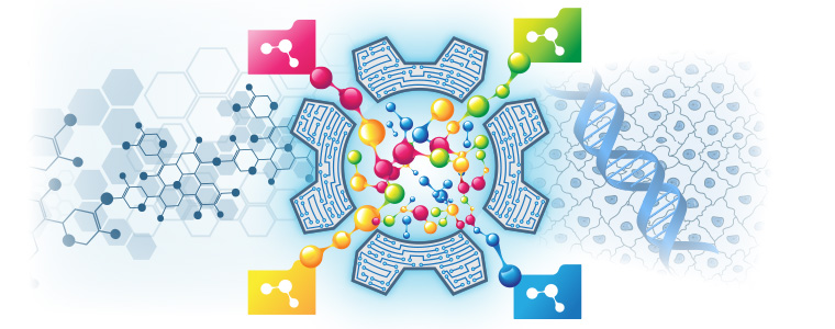 illustration of atoms and DNA
