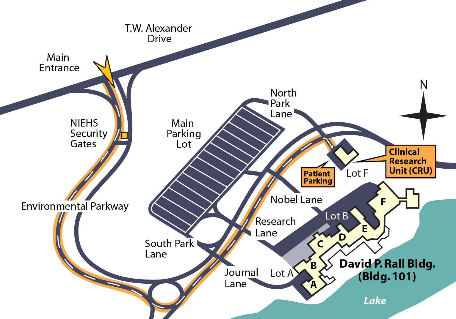 NIEHS map showing parking and CRU building