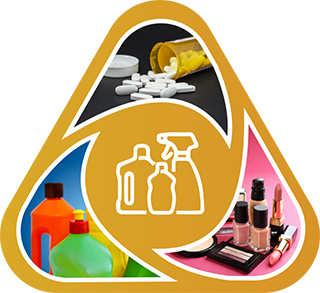An orange triangle with cleaning products in the center, surrounded by images of cosmetics, more cleaning products and white pills spilling out of a perscription bottle.