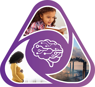 A brain on a purple background, surrounding by an image of a little girl reading, smokestacks and a pregnant woman.