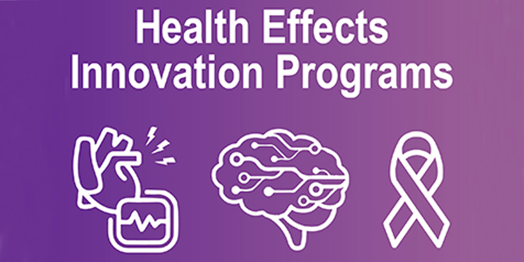 Health Effects Innovation Programs, heart connected to a monitor, brain, and cancer ribbon