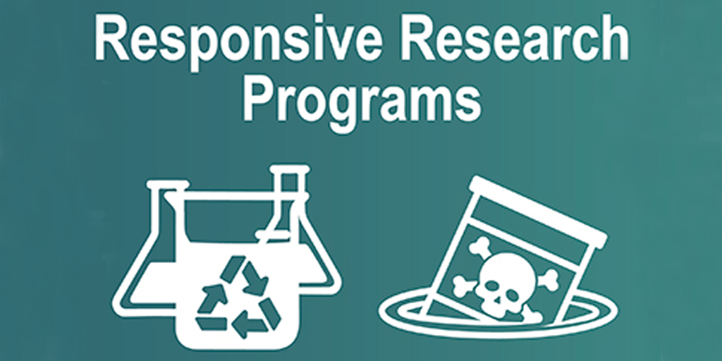 Responsive Research Programs, beaker showcasing green chemistry and toxic waste drum sinking