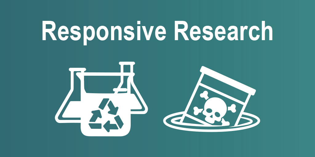 Responsive Research Programs, beaker showcasing green chemistry and toxic waste drum sinking