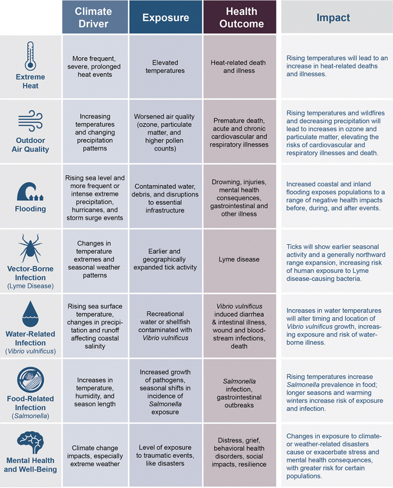 The diagram shows specific examples of how climate change can affect human health, now and in the future