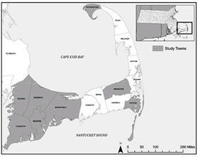 Map showing the study towns in the area around Cape Cod Bay, Massachusetts