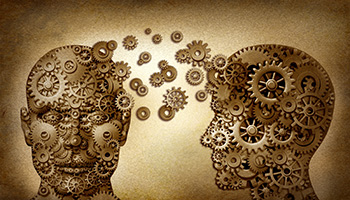 Illustration of two heads made up of gears sharing gears between the two of them